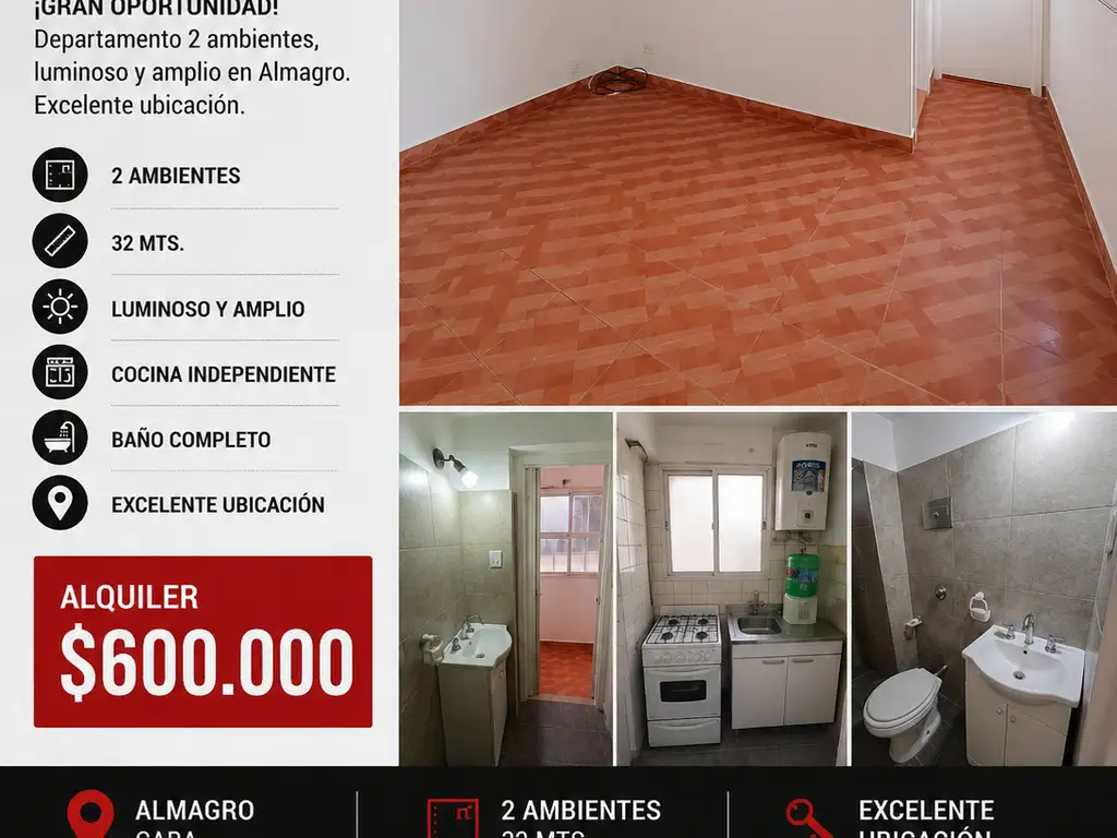 Almagro 2 ambientes, 32 m²