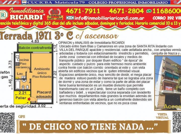 Monoambiente con balcón en Villa Santa Rita