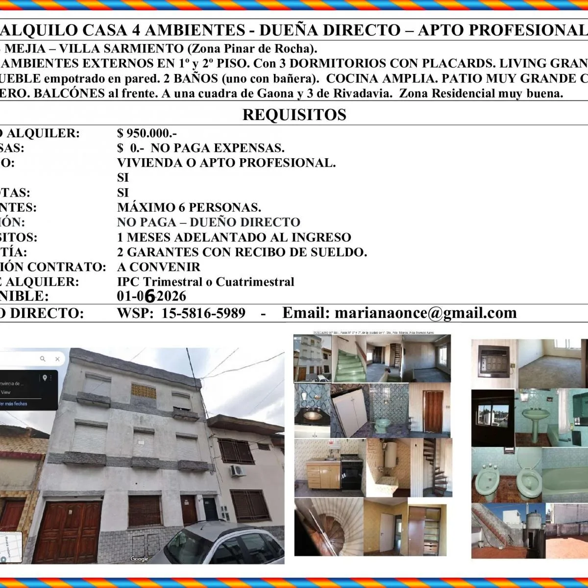 Alquilo Ramos Mejia / Villa Sarmiento. Zona Pinar de Rocha Casa 4 Ambientes