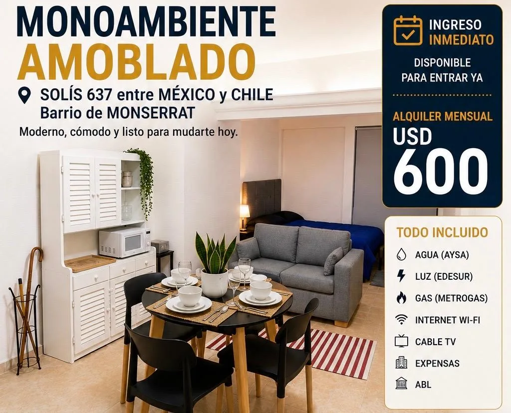 Monoambiente Amoblado en Alquiler – Monserrat