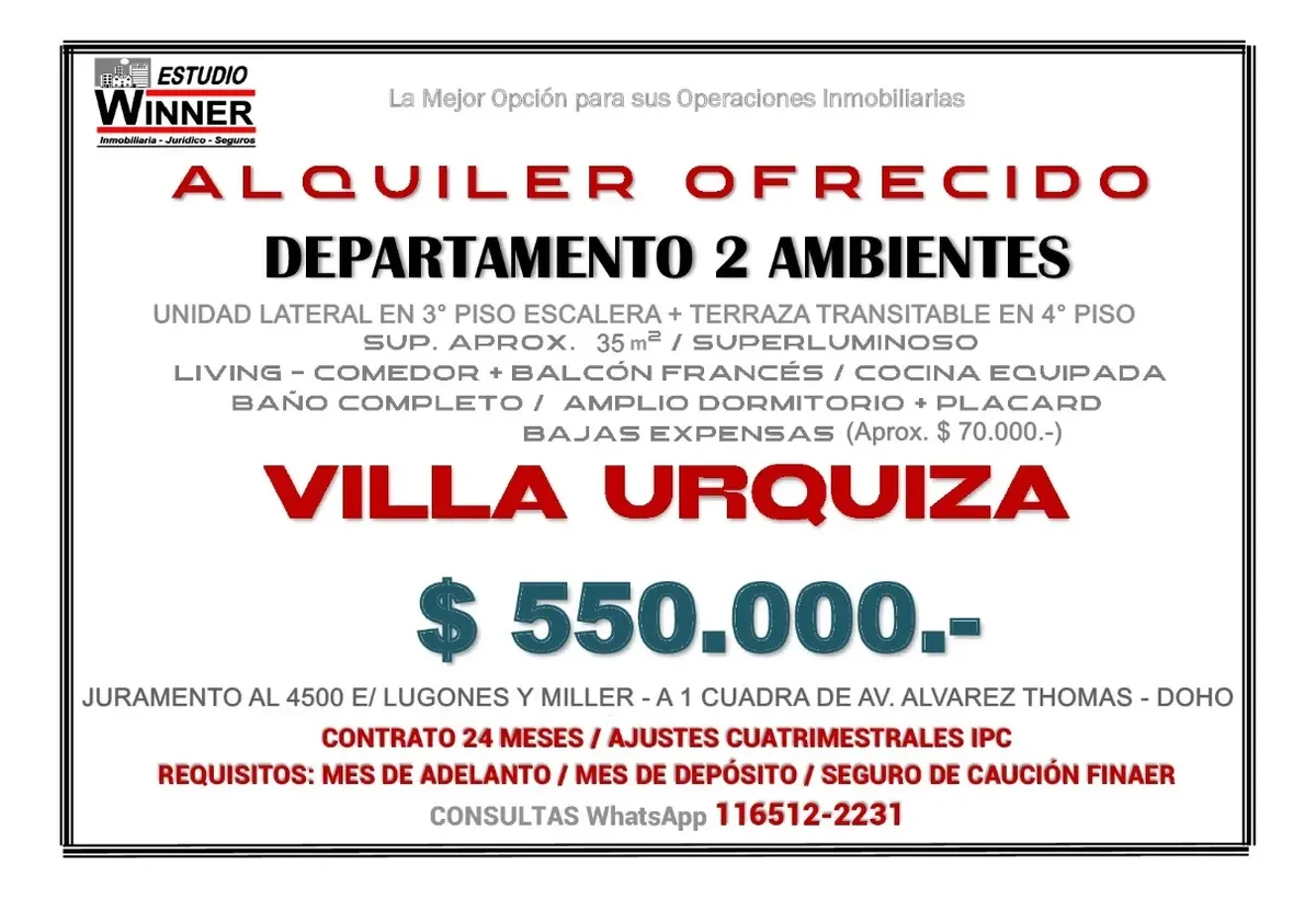 Departamento de 2 ambientes al contrafrente en Villa Urquiza