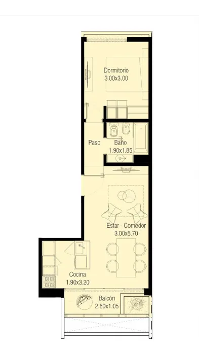 Apartamento de dois ambientes no centro de Morón