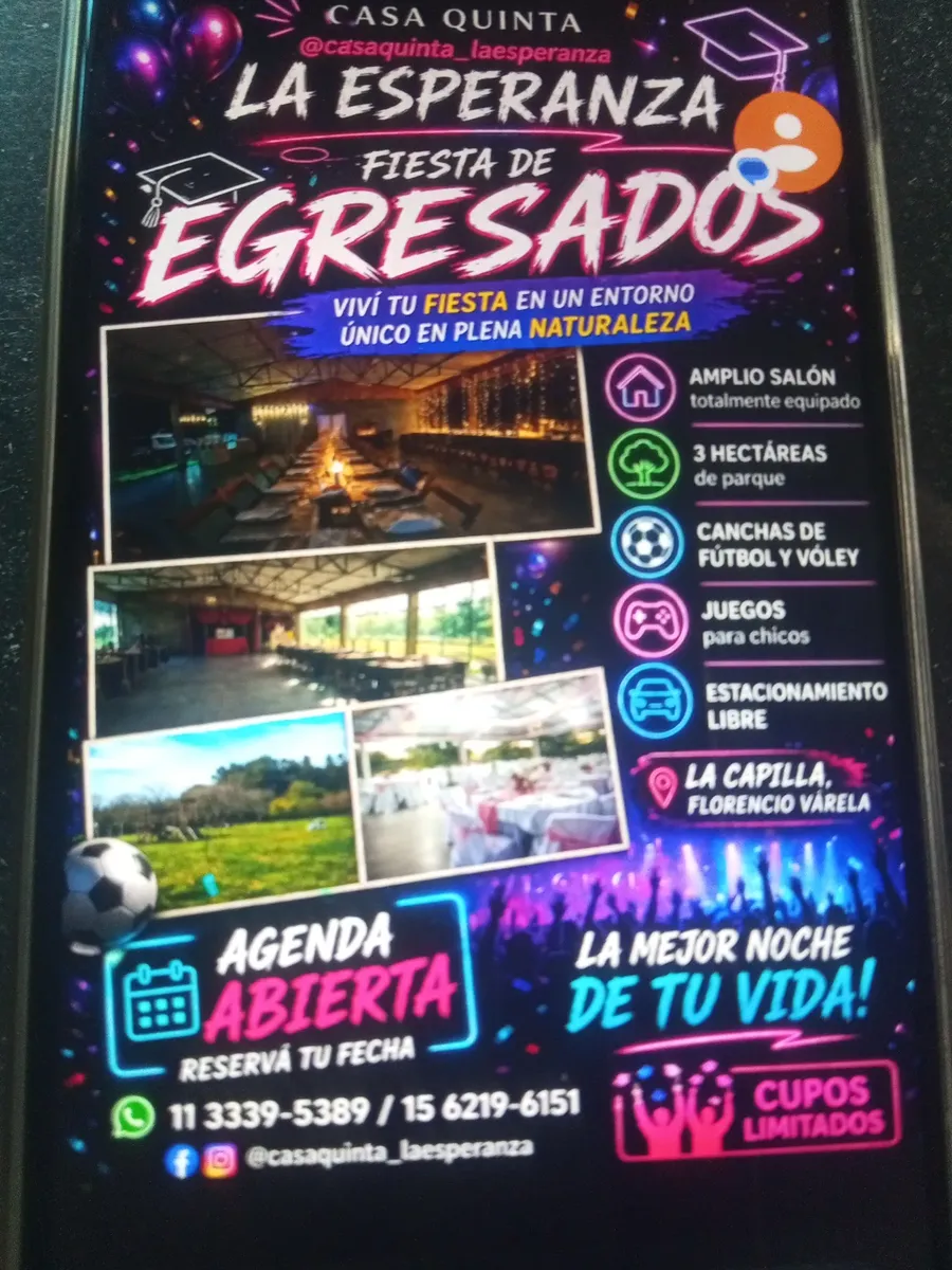Alquiler De Salón Quinta La Esperanza La Capilla Florencio Varela. vení A Celebrar Tu Evento! Amplio Salón, Totalmente Equipado. 3 Hectáreas, Cancha De Fútbol, Voley, Juegos, Estacionamiento Libre