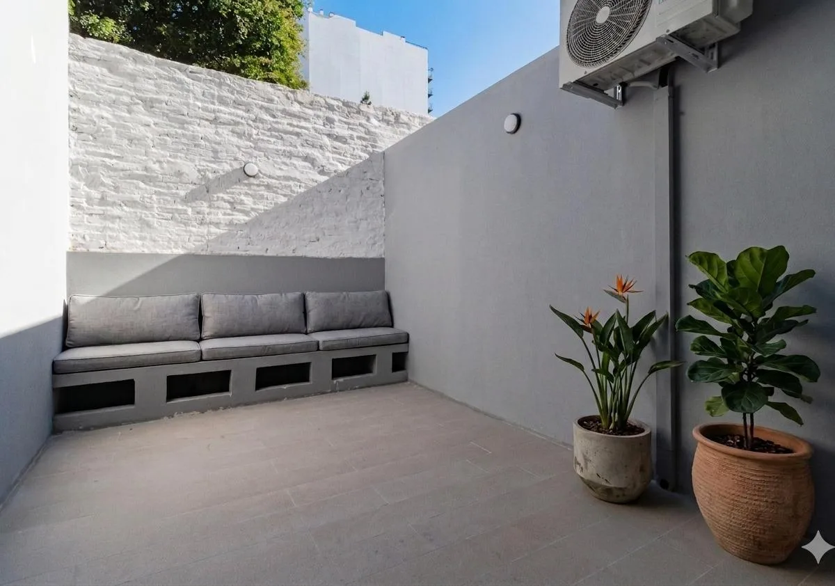 Monoambiente con patio y piscina