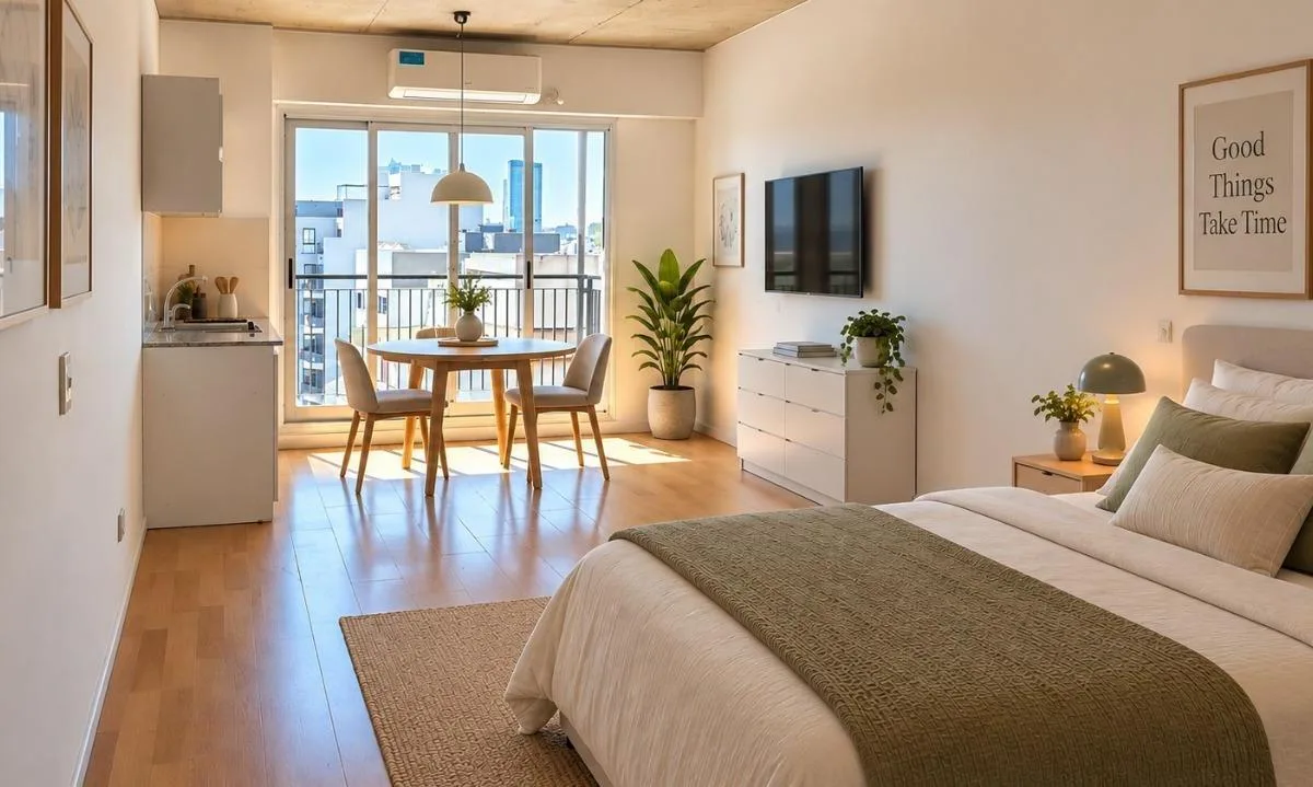 Monoambiente con balcón y amenities